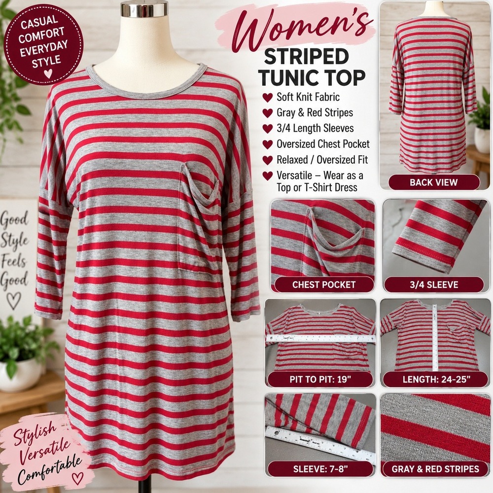 Womens Striped Tunic Top Gray Red 3/4 Sleeve Oversized Pocket Knit Shirt